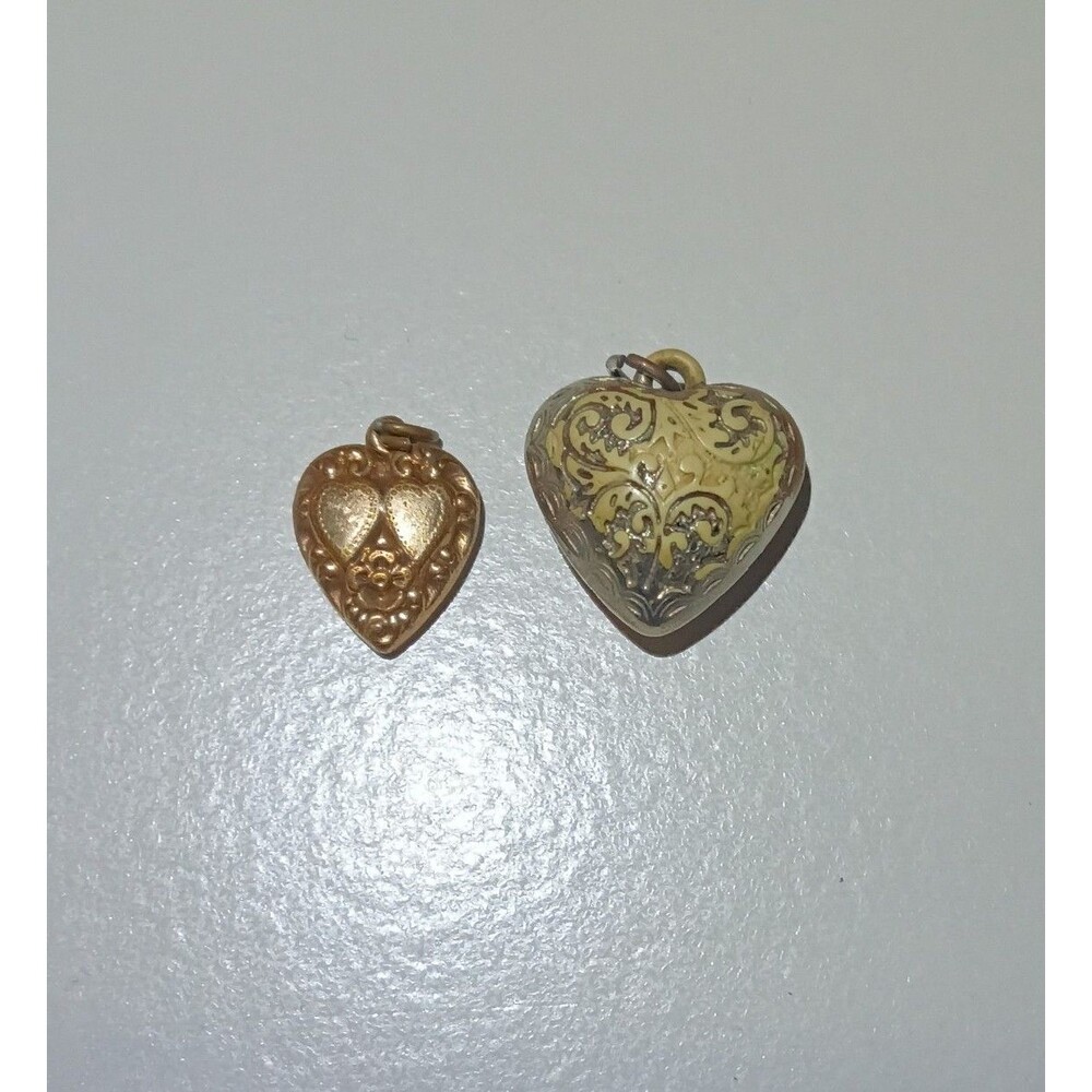 Lot of 2 Vintage Gold Tone Heart Charms•Victorian Scroll & Double Heart Puffy